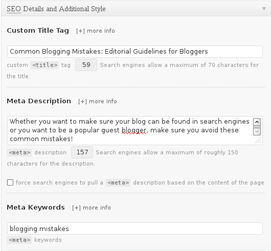 Example SEO fields in Thesis in WP blog.