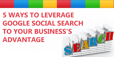 Colorful image with red text that says 5 Ways To Leverage Google Social Search To Your Buinesss Advantage