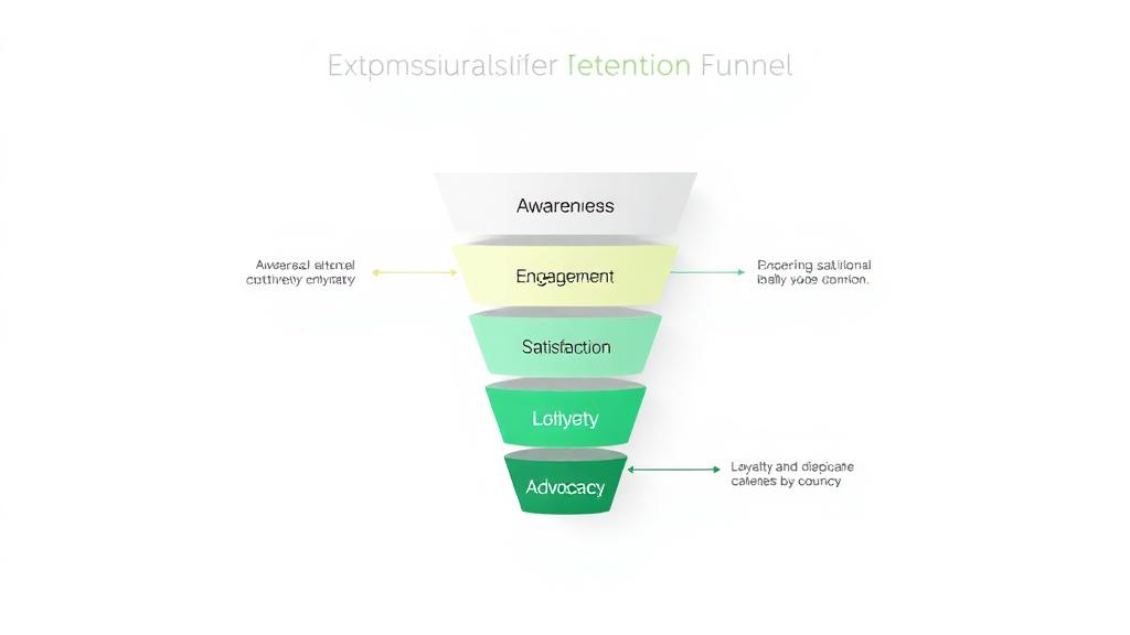 Customer Retention Funnel showing awareness, engagement, satisfaction, loyalty, and advocacy stages