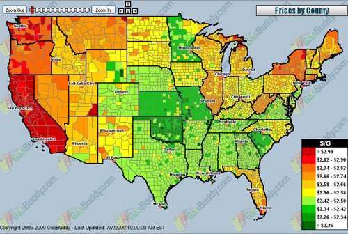 GasBuddy - USA National Gas Temperature Map