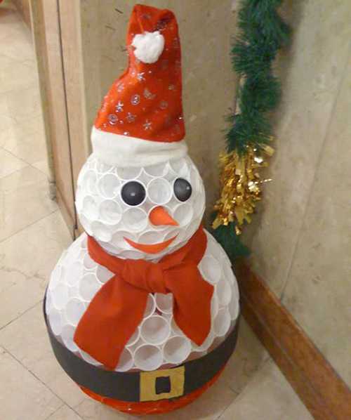 snowman made of plastic cups