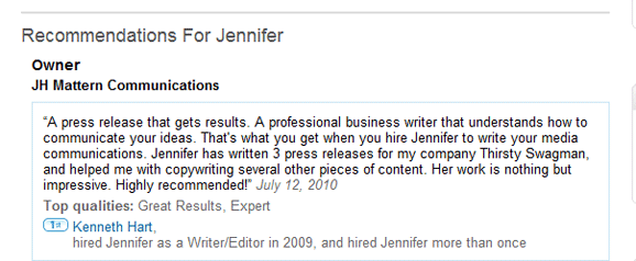 Example of a LinkedIn Recommendation on a Profile Page