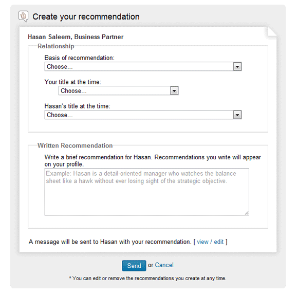 This is the form you use to submit a LinkedIn recommendation for a contact.