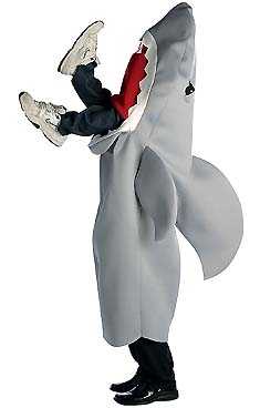 Shark costume with man's legs hanging out