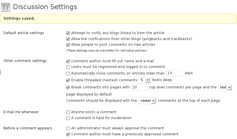 Screen capture showing Recommended Discussion Settings for WP