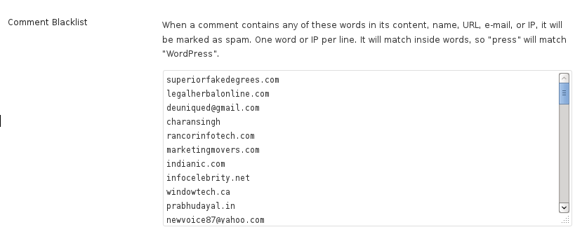 Screen capture of the WordPress blacklist