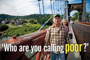 Couple on bridge. Caption: who are you calling poor?