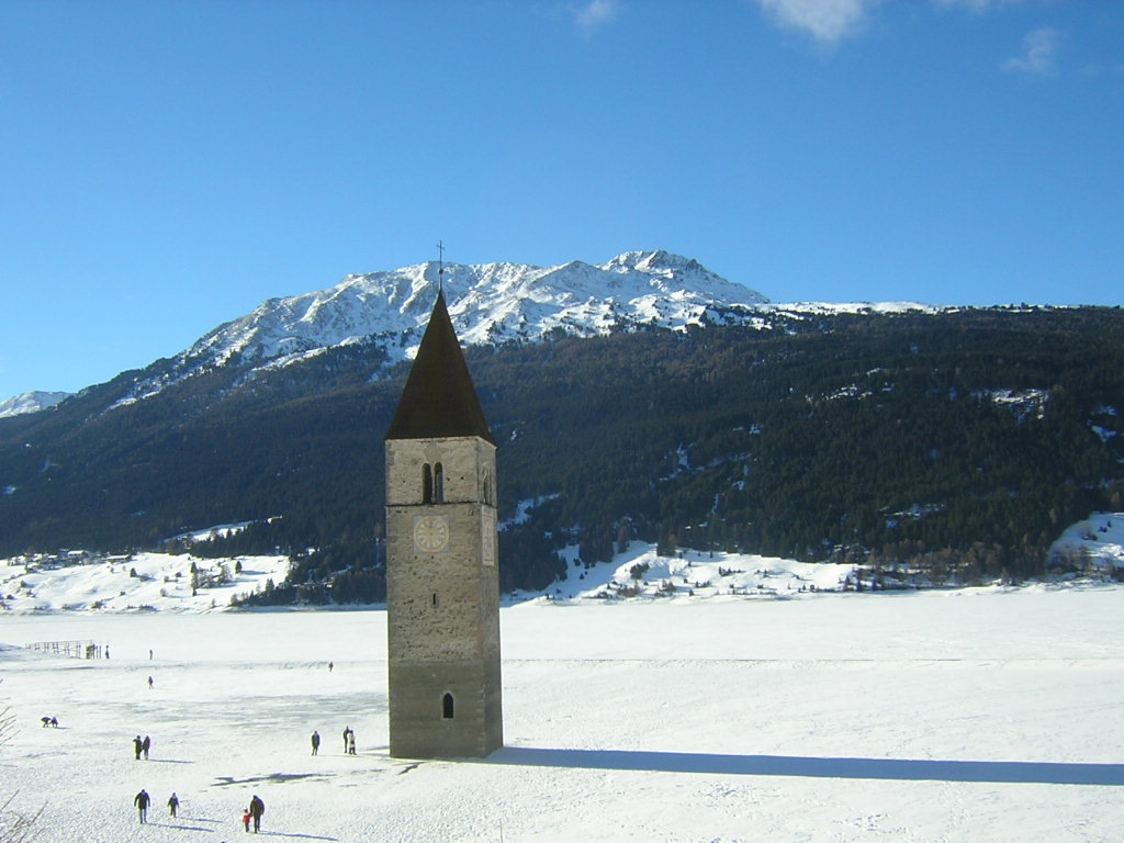 flooded bell tower in winter