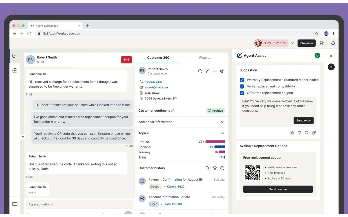 8x8 Agent Workspace with a live customer chat, a Customer 360 sentiment panel and Agent Assist reply suggestions