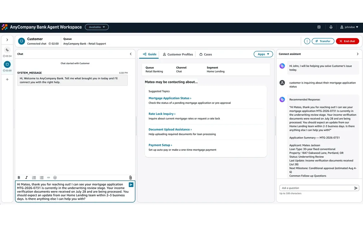 Amazon Connect agent workspace handling a voice call and a chat at once, with suggested replies from the Connect assistant