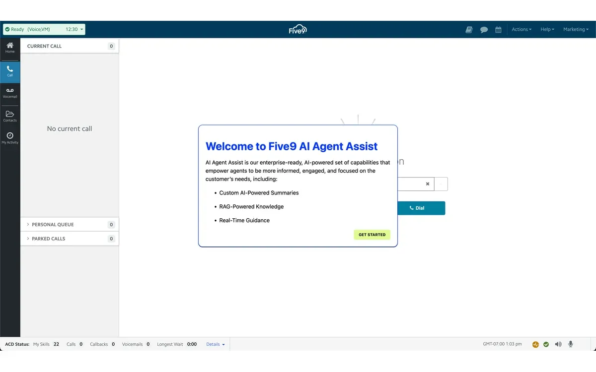 Five9 agent desktop with the call panel and personal queue, showing the Five9 AI Agent Assist welcome dialog