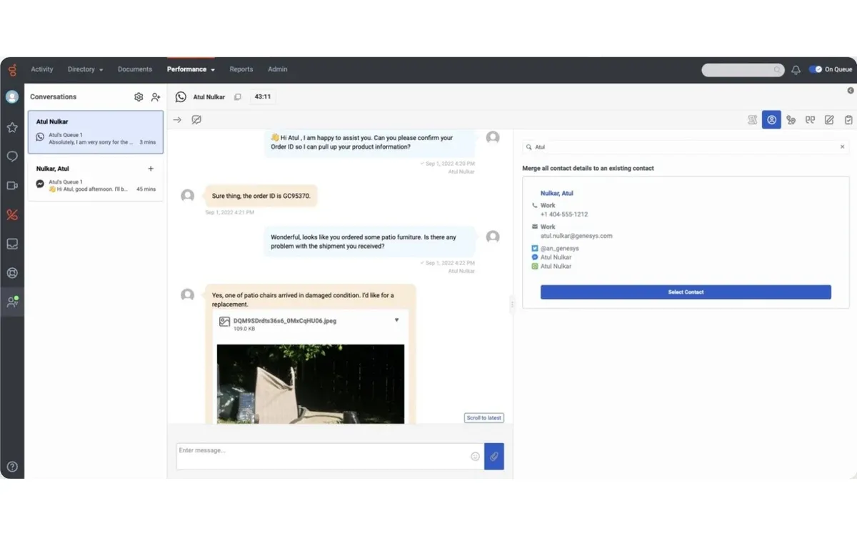Genesys Cloud agent workspace handling a WhatsApp conversation, with the conversation queue on the left and the contact-merge panel on the right