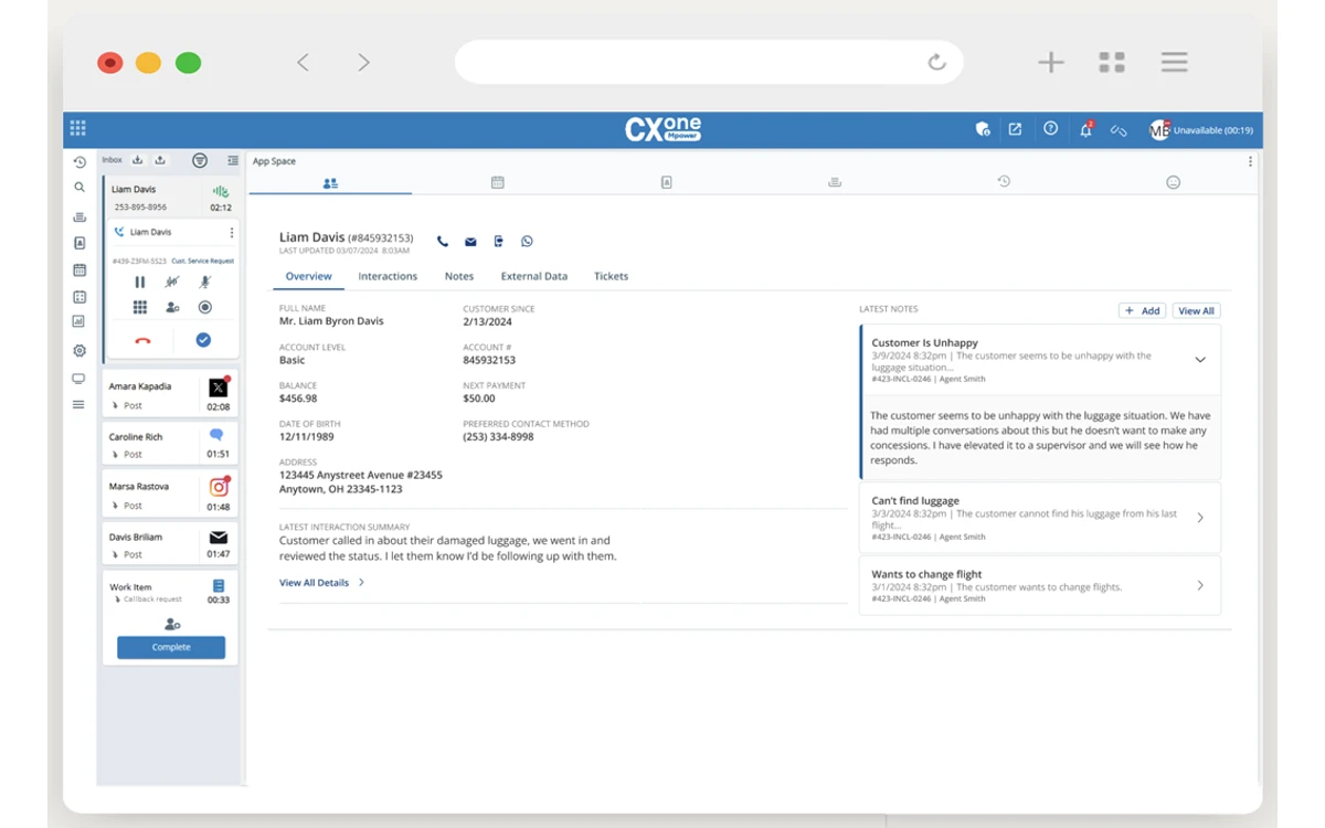 NiCE CXone Mpower agent workspace with an active call, a multichannel inbox and the customer profile with interaction notes