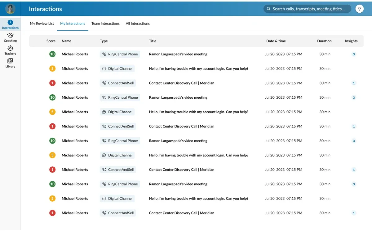 RingCentral RingCX AI quality management view listing scored interactions across phone and digital channels