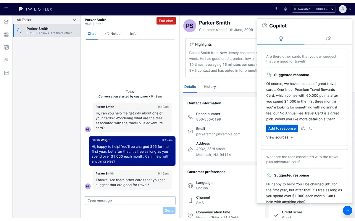 Twilio Flex agent desktop during a chat, with the customer profile and Agent Copilot suggested responses