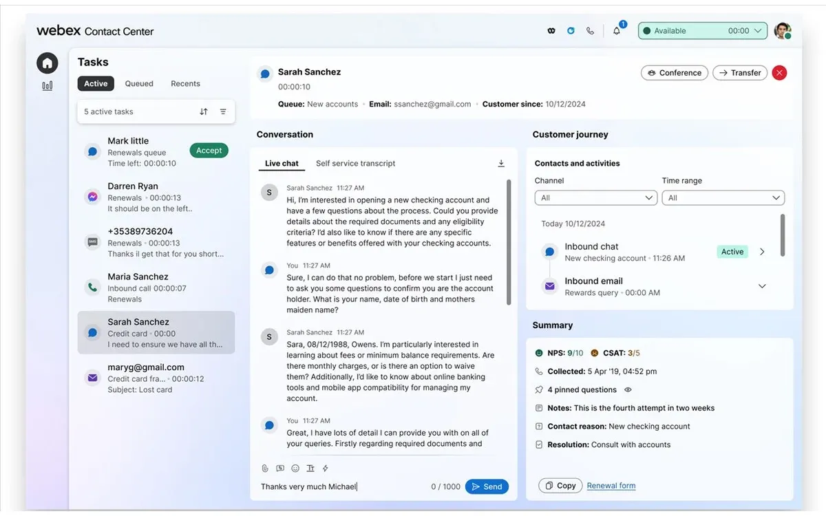 Cisco Webex Contact Center agent desktop with a task list, a live chat, the customer journey timeline and an interaction summary