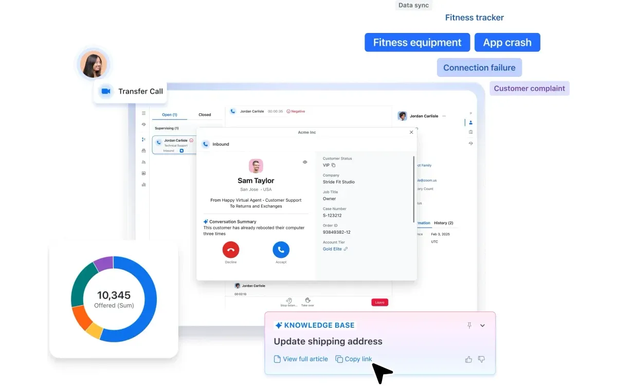 Zoom Contact Center agent desktop with an inbound call pop-up showing the customer profile and an AI conversation summary