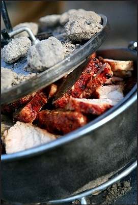 Cooking roast pork in dutch oven.